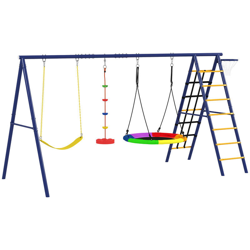 Aiyaplay baloiços para enfants a partir dos 3 anos 6 em 1 baloiços para jardim exterior com baloiço ninho corda com disco rede de escalada escada e cesto de basquetebol multicolor
