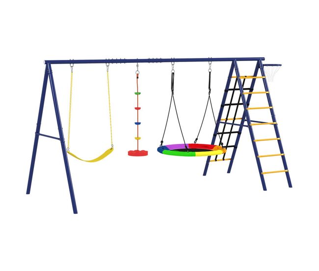 Aiyaplay baloiços para enfants a partir dos 3 anos 6 em 1 baloiços para jardim exterior com baloiço ninho corda com disco rede de escalada escada e cesto de basquetebol multicolor