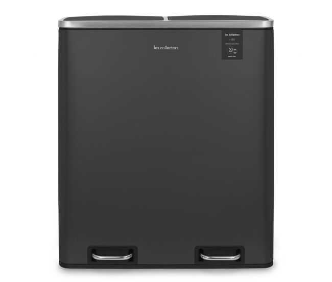 Caixote reciclagem pedal 2 compartimentos 2x30l 60l les collectors n°916, aço inoxidável, baldes removíveis, fecho silencioso, cinzento escuro