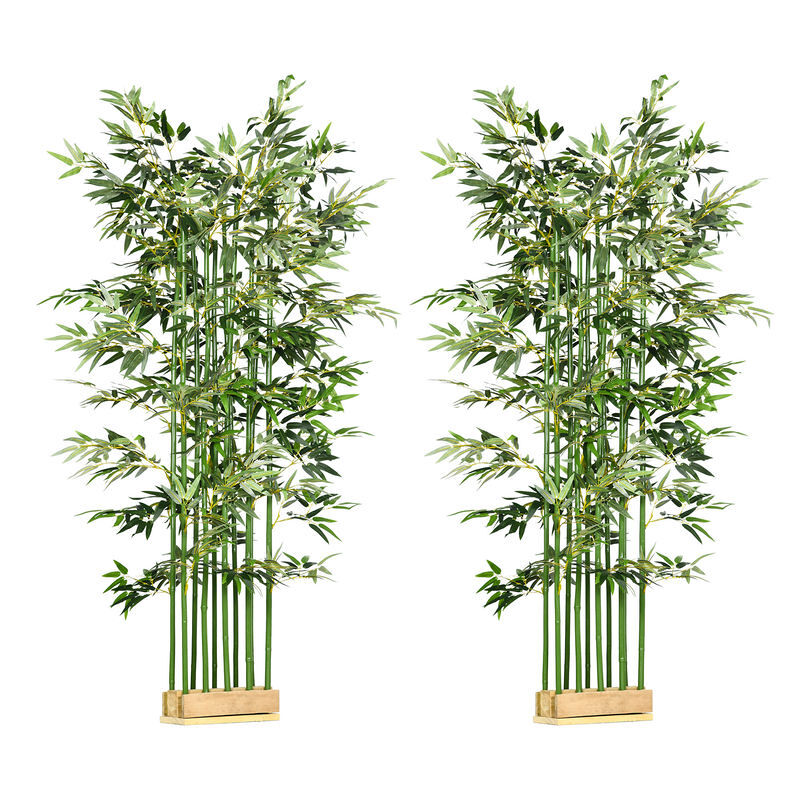 Homcom conjunto de 2 plantas artificiais em vaso de madeira de pinho 180cm bambus artificiais com 1640 folhas realistas decoração para interior e exterior 35x10x180 cm verde
