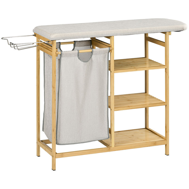 Homcom cesto de roupa suja 57,4l, cesto de roupa de bambu com tábua de passar, suporte para ferro de engomar, 3 prateleiras e bolsa removível, estante de banho para lavandaria, 113x34x82 cm, natural