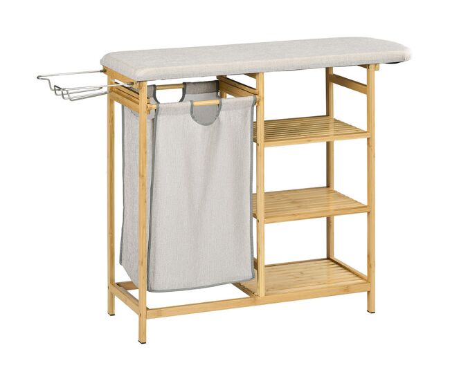 Homcom cesto de roupa suja 57,4l, cesto de roupa de bambu com tábua de passar, suporte para ferro de engomar, 3 prateleiras e bolsa removível, estante