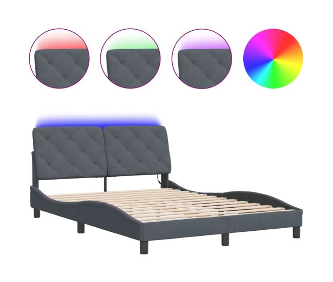 Estrutura de cama de casal moderno com led sem colchão 120x200cm veludo cinzento-escuro