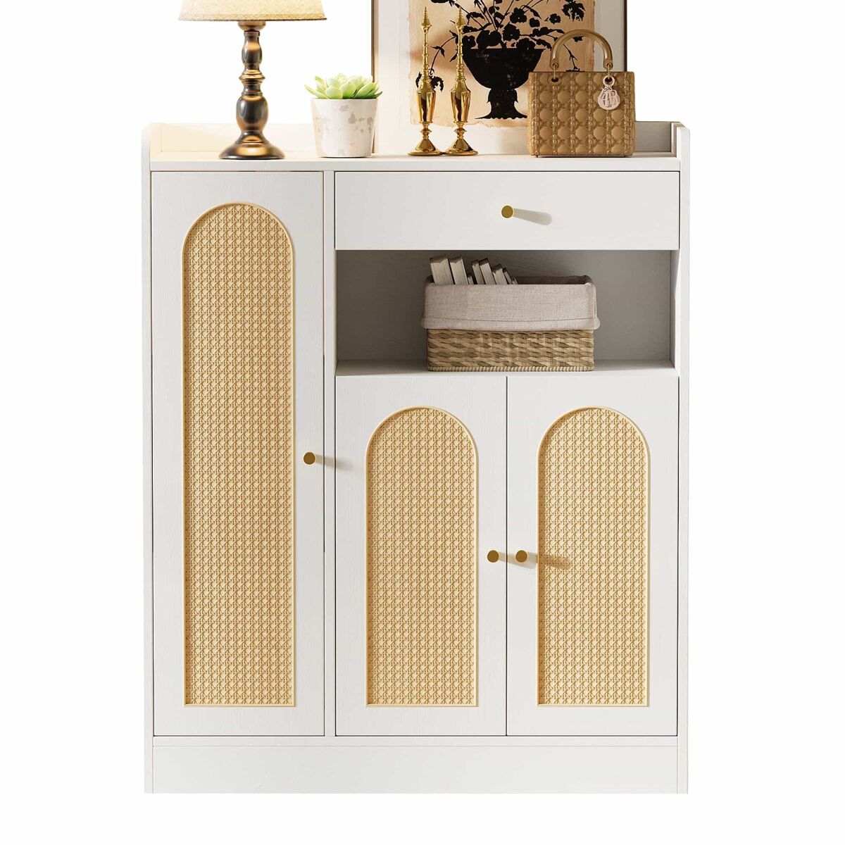 Armário de vime / armário de arrumação com espaço, 1 gaveta, 3 portas com prateleiras ajustáveis, para a entrada, sala de jantar e corredor, 90 x 35 x
