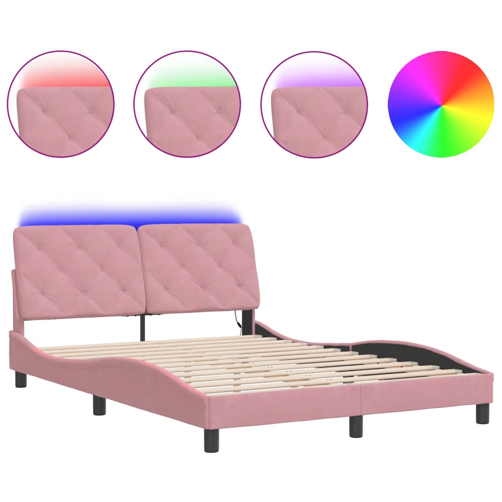 Estrutura de cama de casal moderno com led sem colchão 120x200 cm veludo rosa