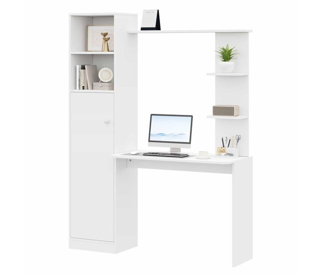 Secretária de estudo e escritório 123,5 x 45 x 168,5 cm - com armário e prateleiras de arrumação, design moderno de escritório - branco