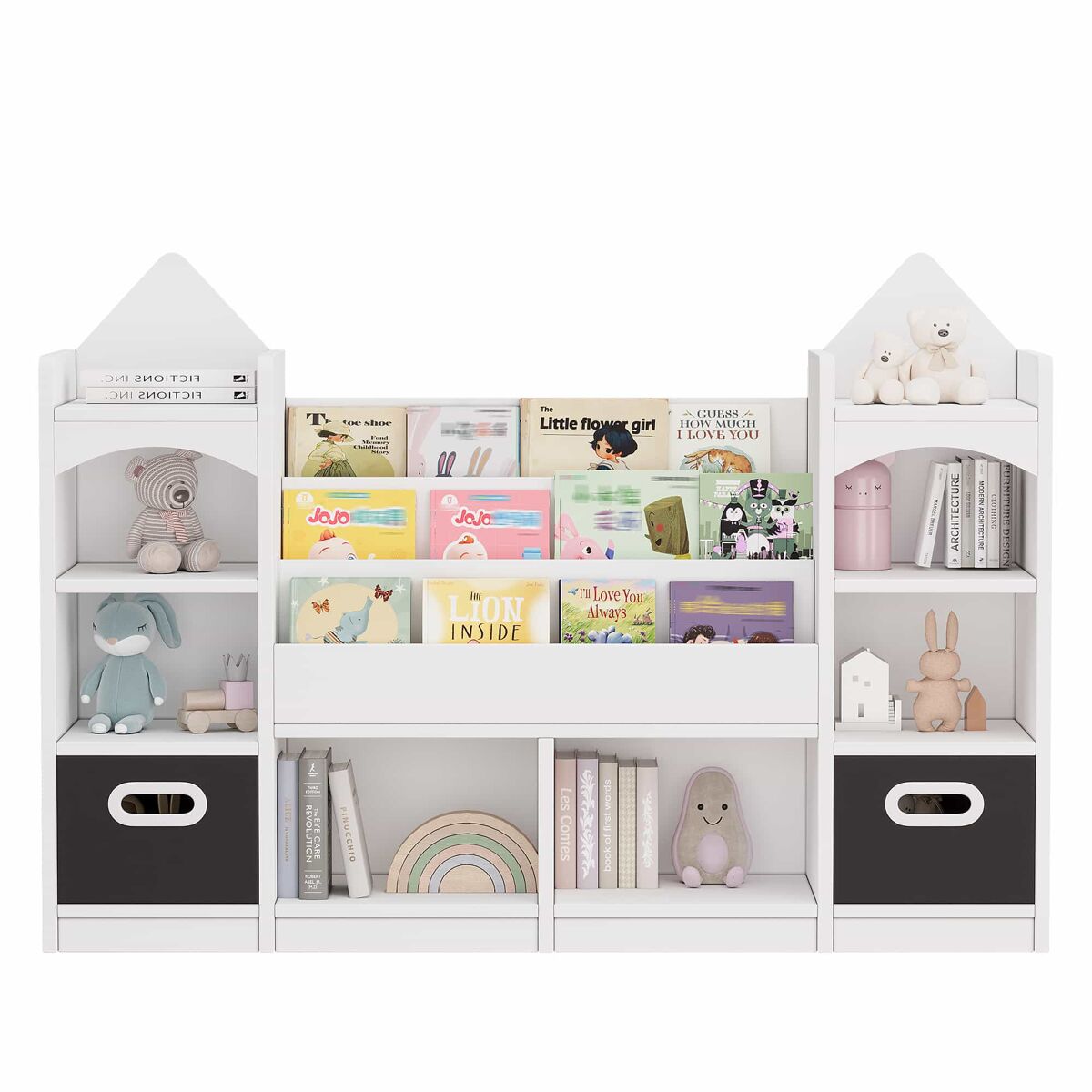 Étagère infantil para livros e brinquedos 130x30x90 cm - étagère infantil com várias étagères, armário organizador para quarto infantil, com 2 caixas de arrumação dobráveis, para guardar livros e brinquedos - blanc
