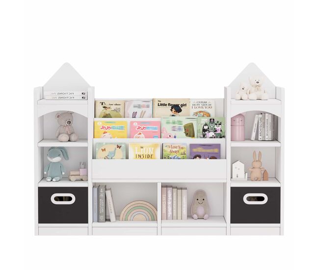 Étagère infantil para livros e brinquedos 130x30x90 cm - étagère infantil com várias étagères, armário organizador para quarto infantil, com 2 caixas de arrumação dobráveis, para guardar livros e brinquedos - blanc
