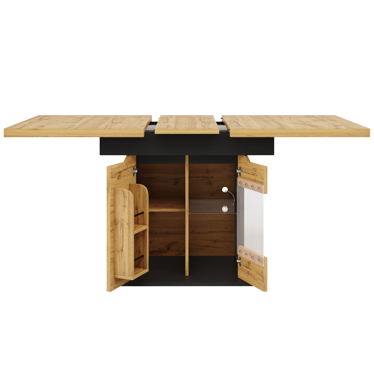 Mesa extensível 110-140x80 cm - telescópica, com led e arrumação - preto + natural