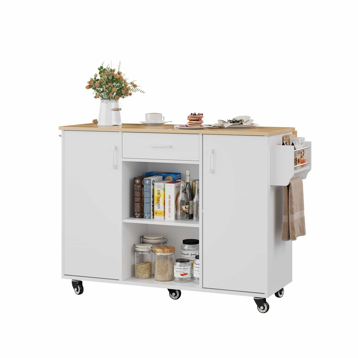 Ilha de cozinha móvel de 120 cm – bancada rebatível, com rodízios, gaveta e armário – branco e carvalho natural