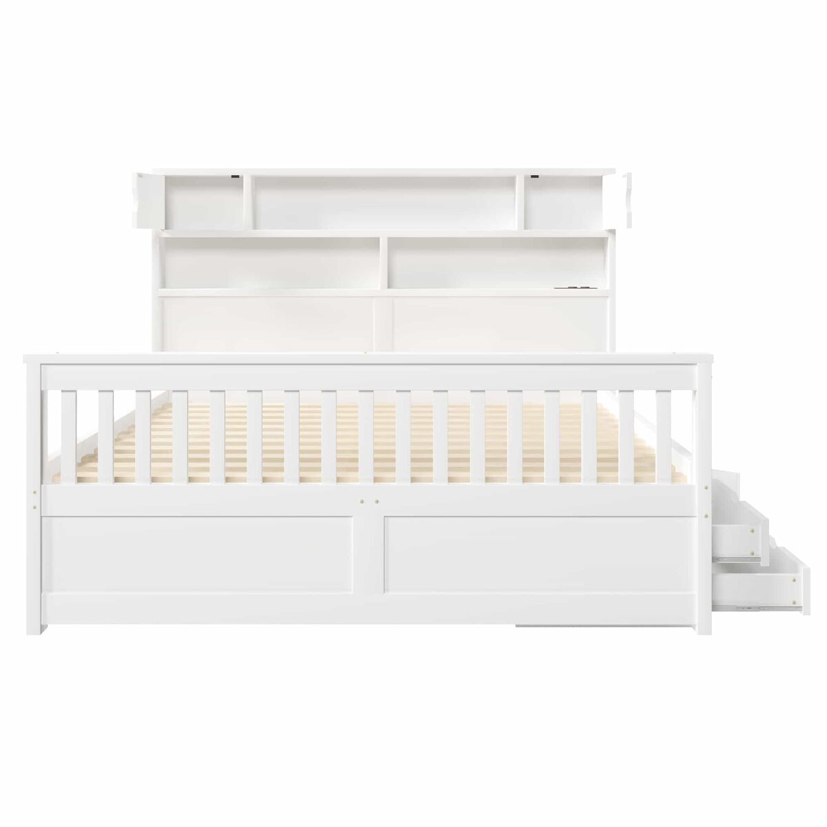 Cama de plataforma 160 x 200 cm – com prateleiras de arrumação, iluminação led, porta usb e quatro gavetas – branca