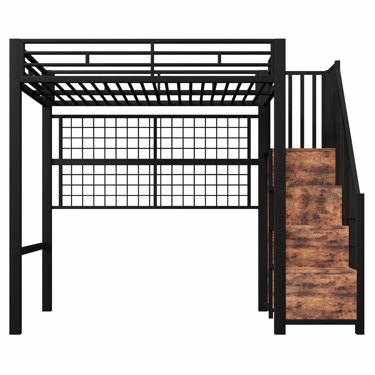 Cama alta 90 x 200 cm - estrutura em ferro, armário, escada com espaço de arrumação, grelha para pendurar objetos, espaço livre na parte inferior,
