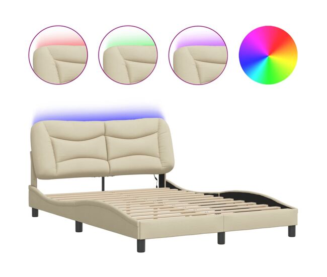 Estrutura de cama de casal moderno com led - 120x200 cm tecido creme