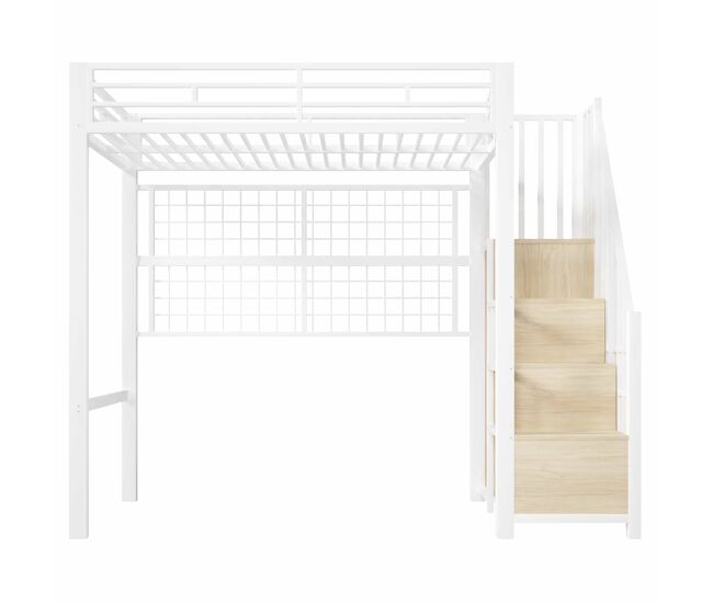 Cama alta 90x200 cm - estrutura em ferro, roupeiro integrado, escada com espaço de arrumação, grelha para pendurar objetos, espaço livre na parte
