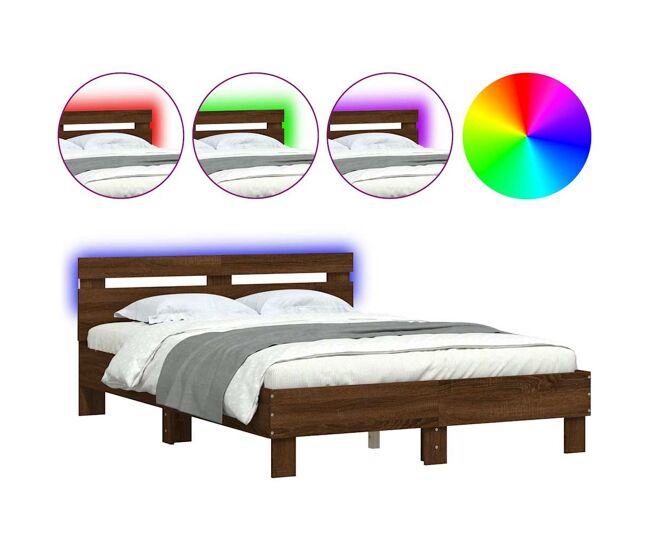 Estrutura de cama de casal c/ cabeceira/luzes led - 120x190cm carvalho castanho