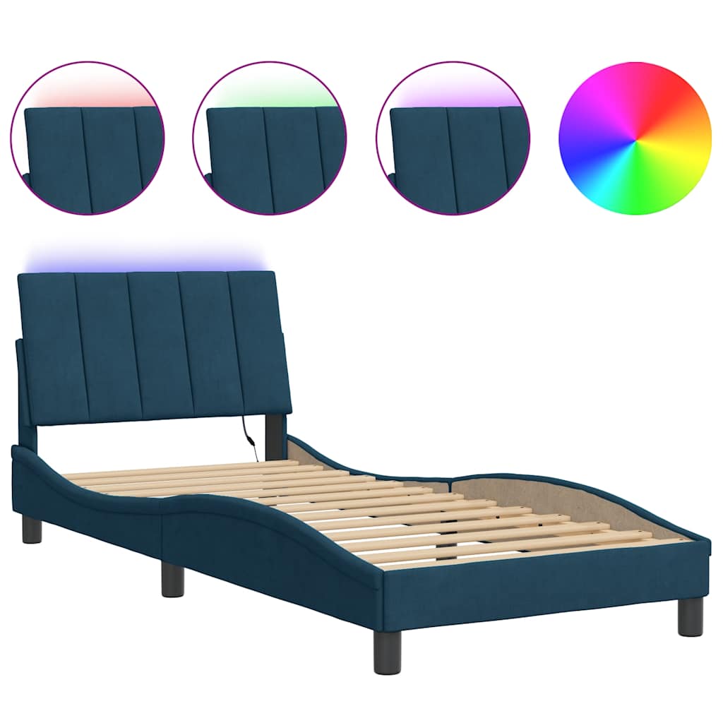 Estrutura de cama de solteiro para adultos com led 80x200 cm veludo azul