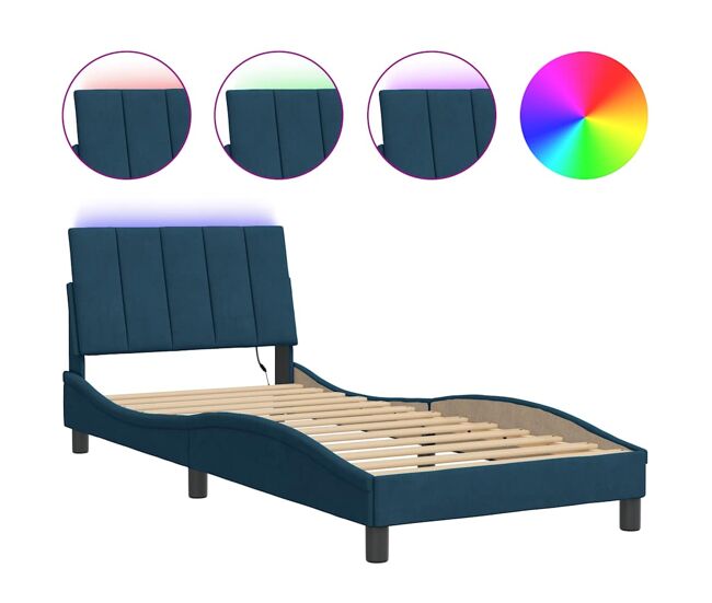 Estrutura de cama de solteiro para adultos com led 80x200 cm veludo azul