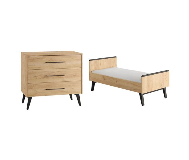 Berço evolutivo 70x140 e cómoda 3 gavetas pinio retro madeira