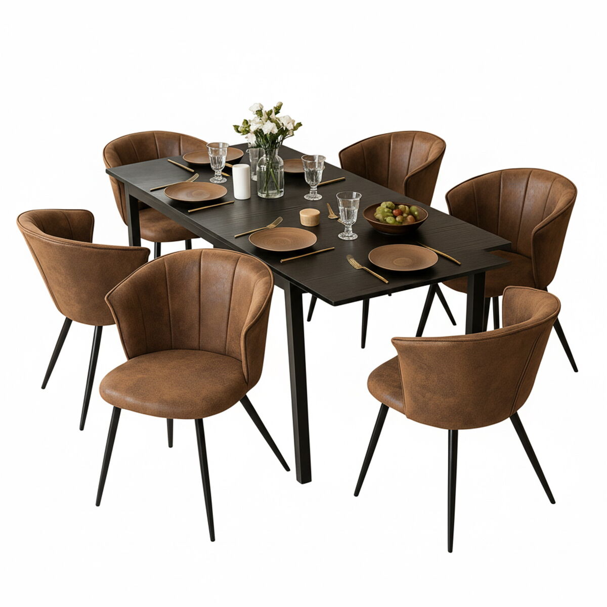 Mesa jantar preta com 6 cadeiras coquille suede castanho estilo moderno pernas metálicas