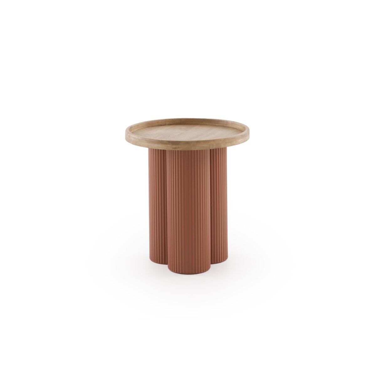 Mesa de centro em metal cor terracota e madeira de hevea