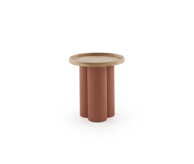 Mesa de centro em metal cor terracota e madeira de hevea