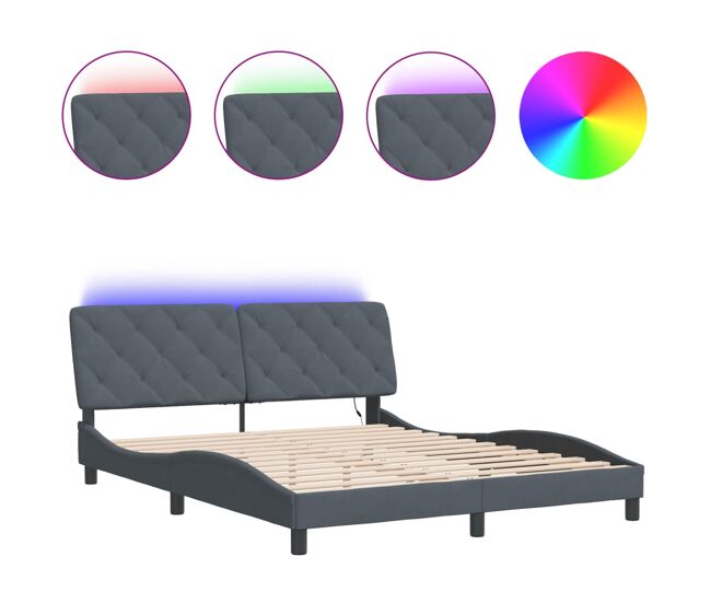 Estrutura de cama de casal moderno com led sem colchão 160x200cm veludo cinzento-escuro