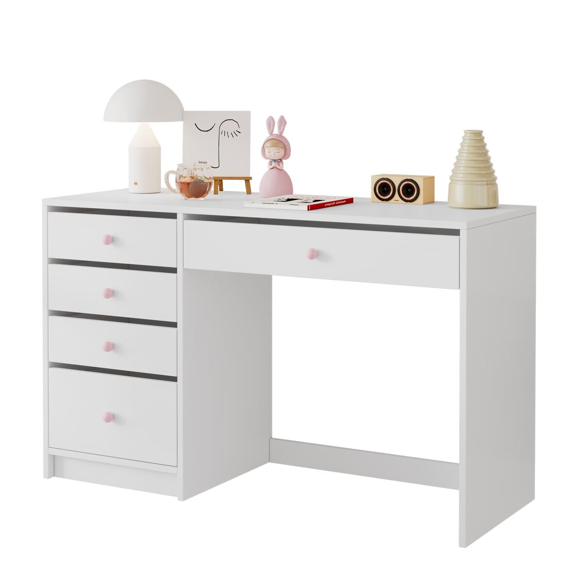 Secretária infantil 120x45x74 cm - 5 gavetas com puxadores em cerâmica rosa - branco