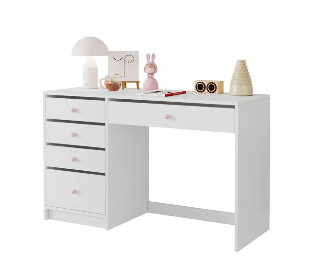 Secretária infantil 120x45x74 cm - 5 gavetas com puxadores em cerâmica rosa - branco