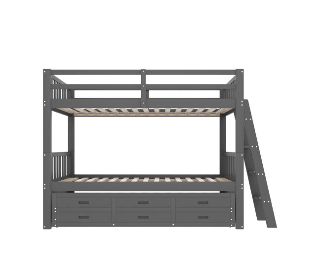 Litera 90x200cm - cama infantil, cama tipo casa, estrutura em pinho e mdf com escada e cama extraível com 3 gavetas - cinza