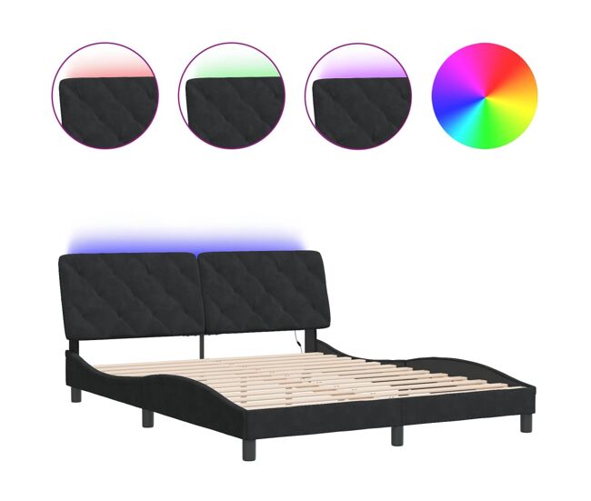 Estrutura de cama de casal moderno com led sem colchão 160x200 cm veludo preto