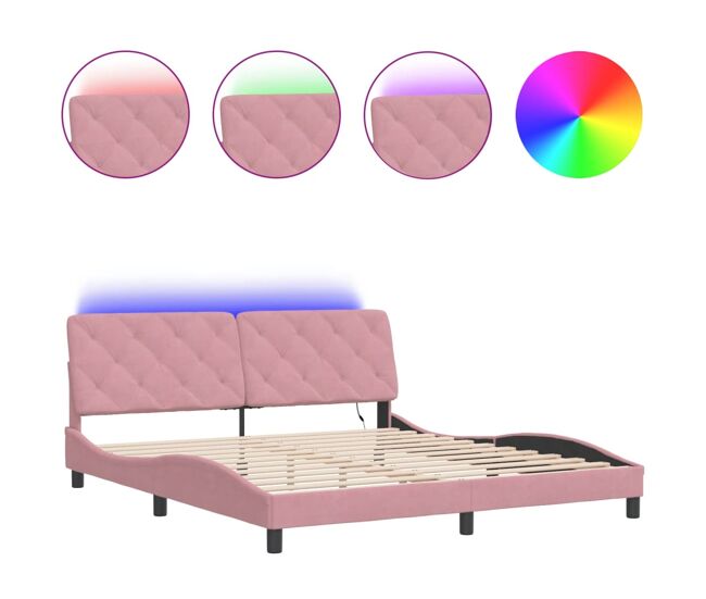 Estrutura de cama de casal moderno com led sem colchão 180x200 cm veludo rosa