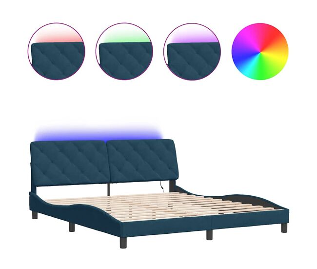 Estrutura de cama de casal moderno com led sem colchão 180x200 cm veludo azul