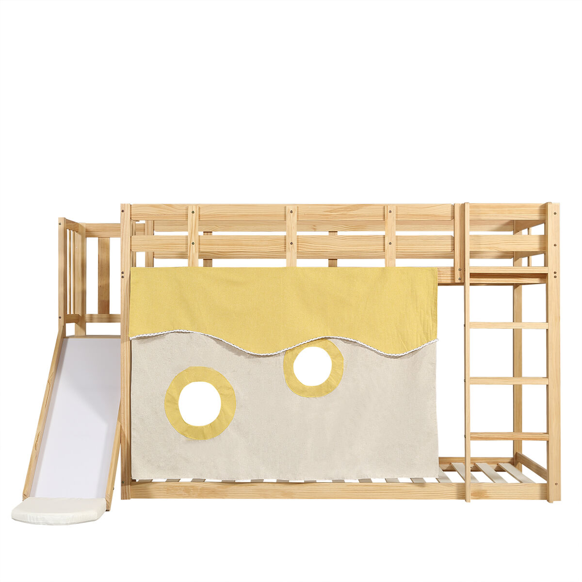 Beliche infantil 90x200 cm - com escada, grade, cortina, escorregador, proteção contra quedas - natural