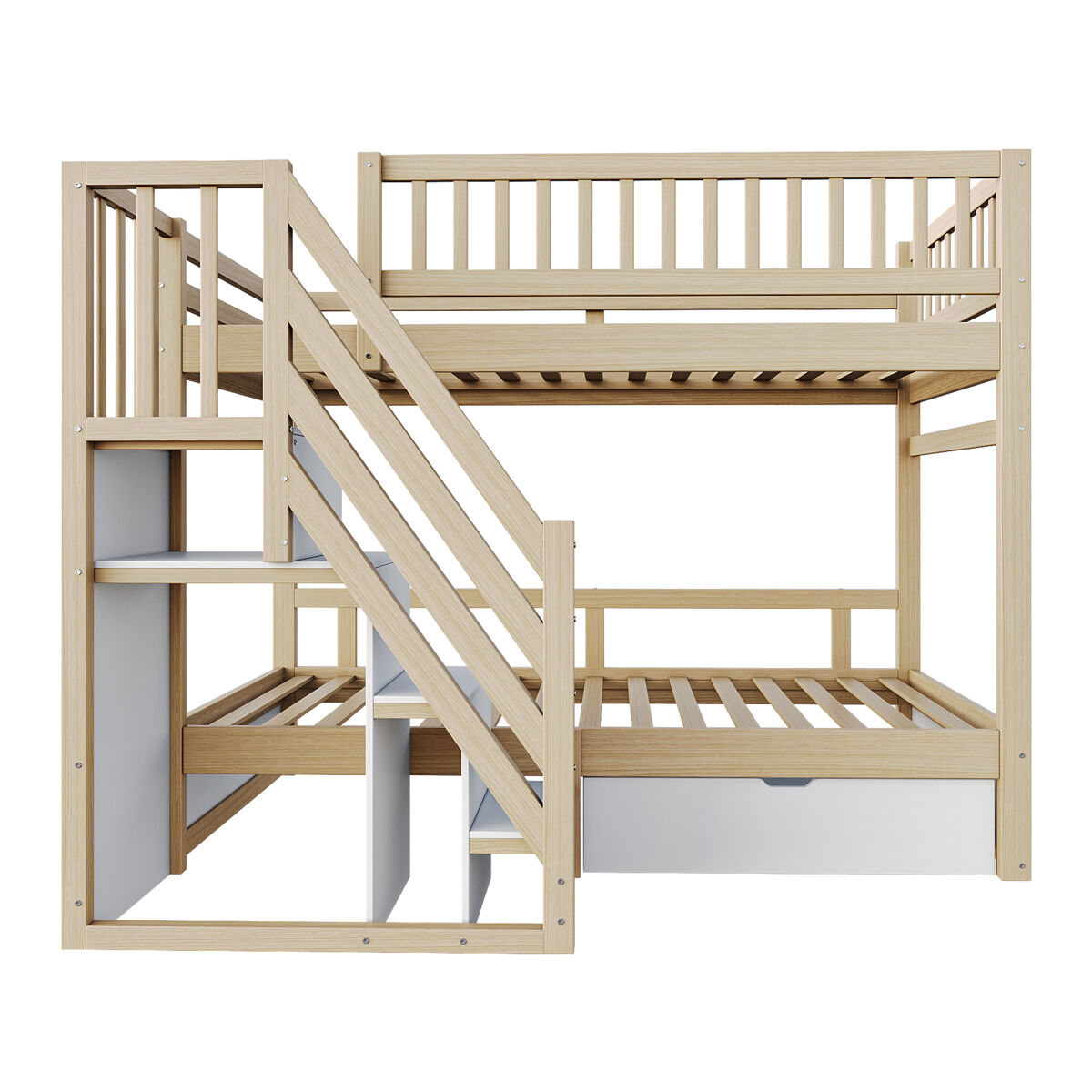 Cama alta em madeira 90*200 cm - com grade de segurança alta, com estrado, escada com arrumação, com gavetas, cama infantil juvenil - madeira natural
