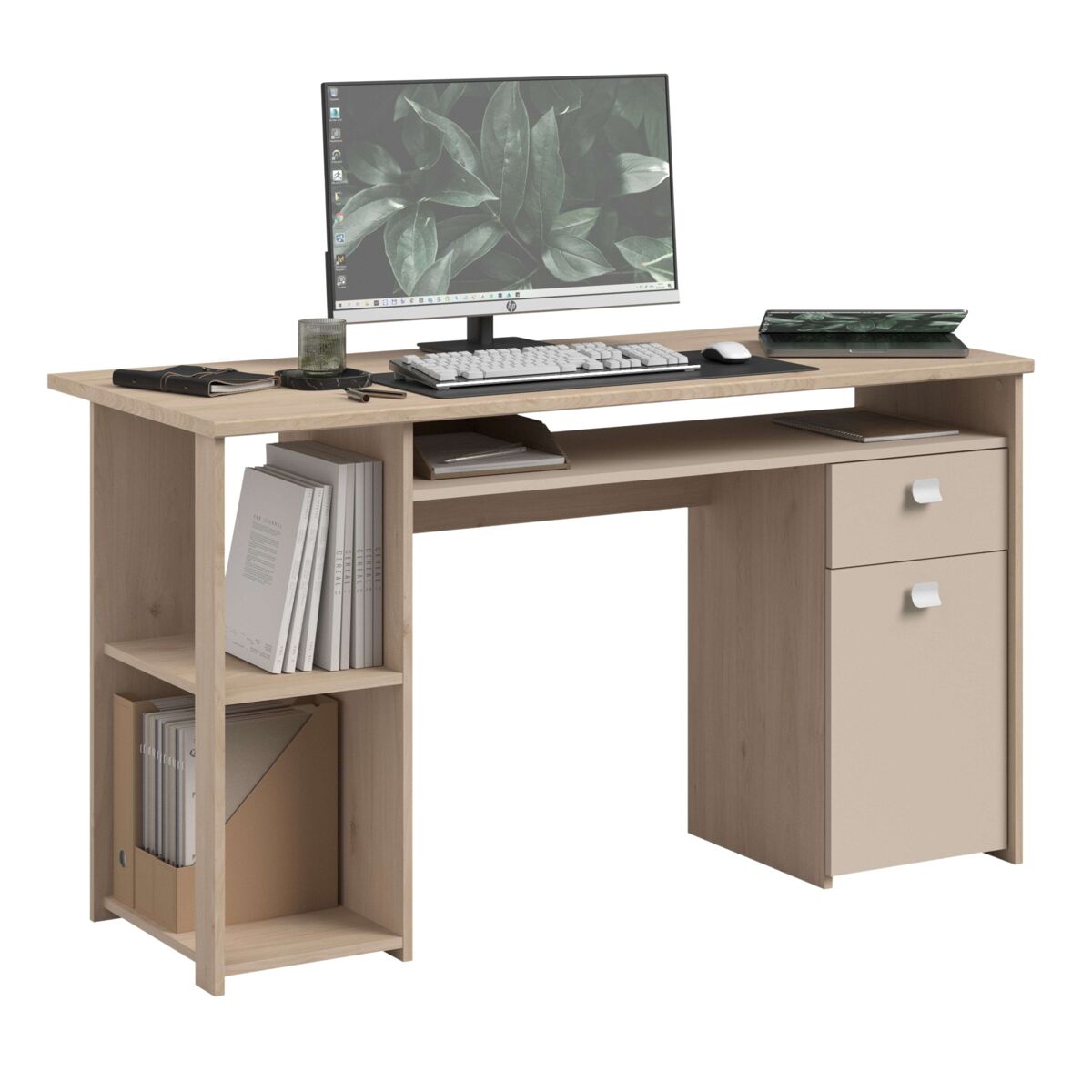 Mesa de computador anello, mesa de escritório com 1 gaveta e 1 porta, carvalho jackson e cashmere, 138 x 78 x 59 cm