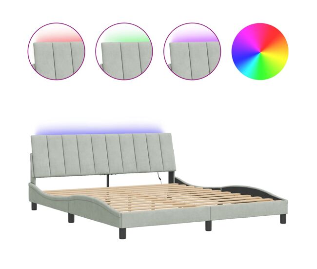 Estrutura de cama de casal moderno com led - 180x200 cm veludo cinzento-claro