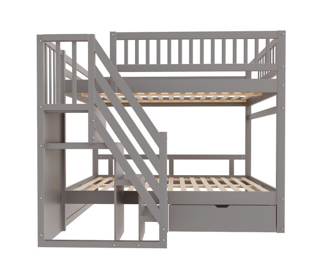 Cama beliche 140*200 cm - com painel de segurança alto, com estrado, escada de segurança com arrumação, com gavetas de arrumação - cinza