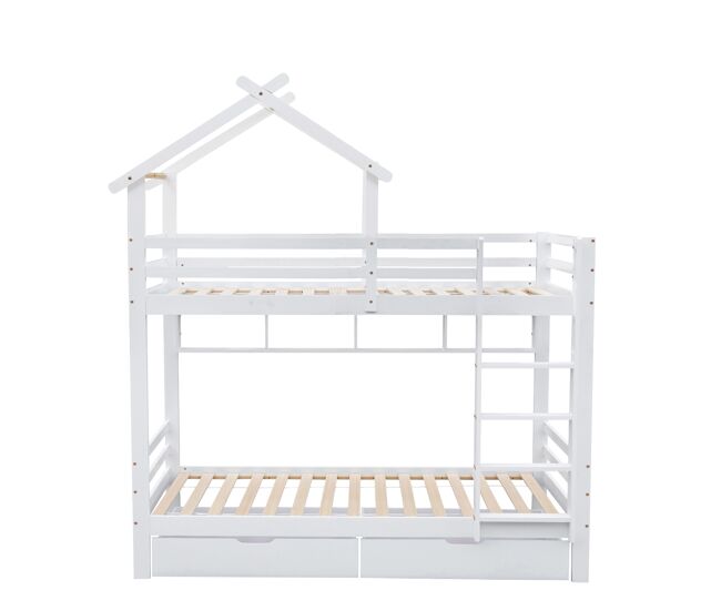 Beliche 90x200 cm em pinho maciço com gavetas e prateleiras + estrados - branco