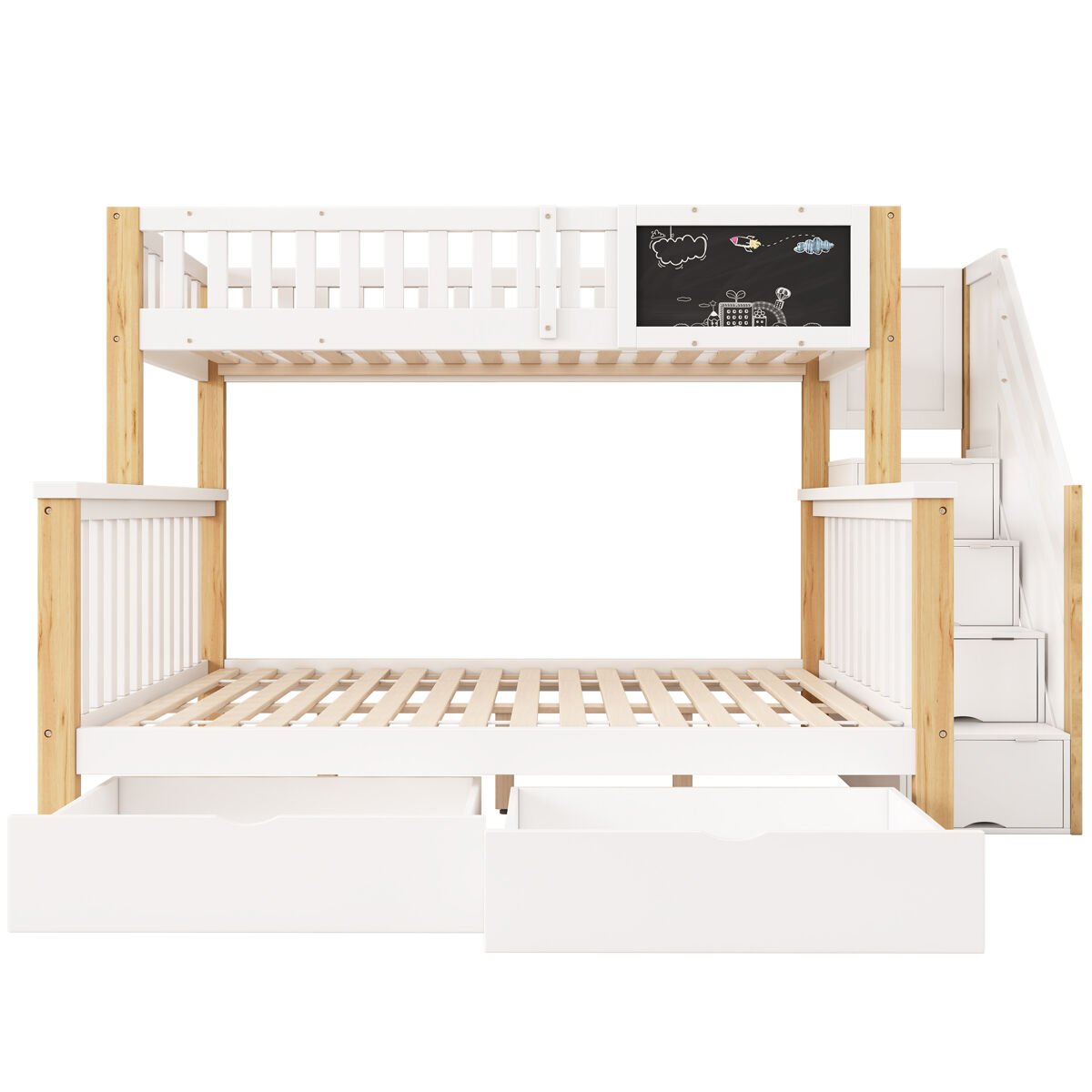 Beliche infantil 90x200+140x200 - multifuncional com quadro negro e gavetas - branco + carvalho claro