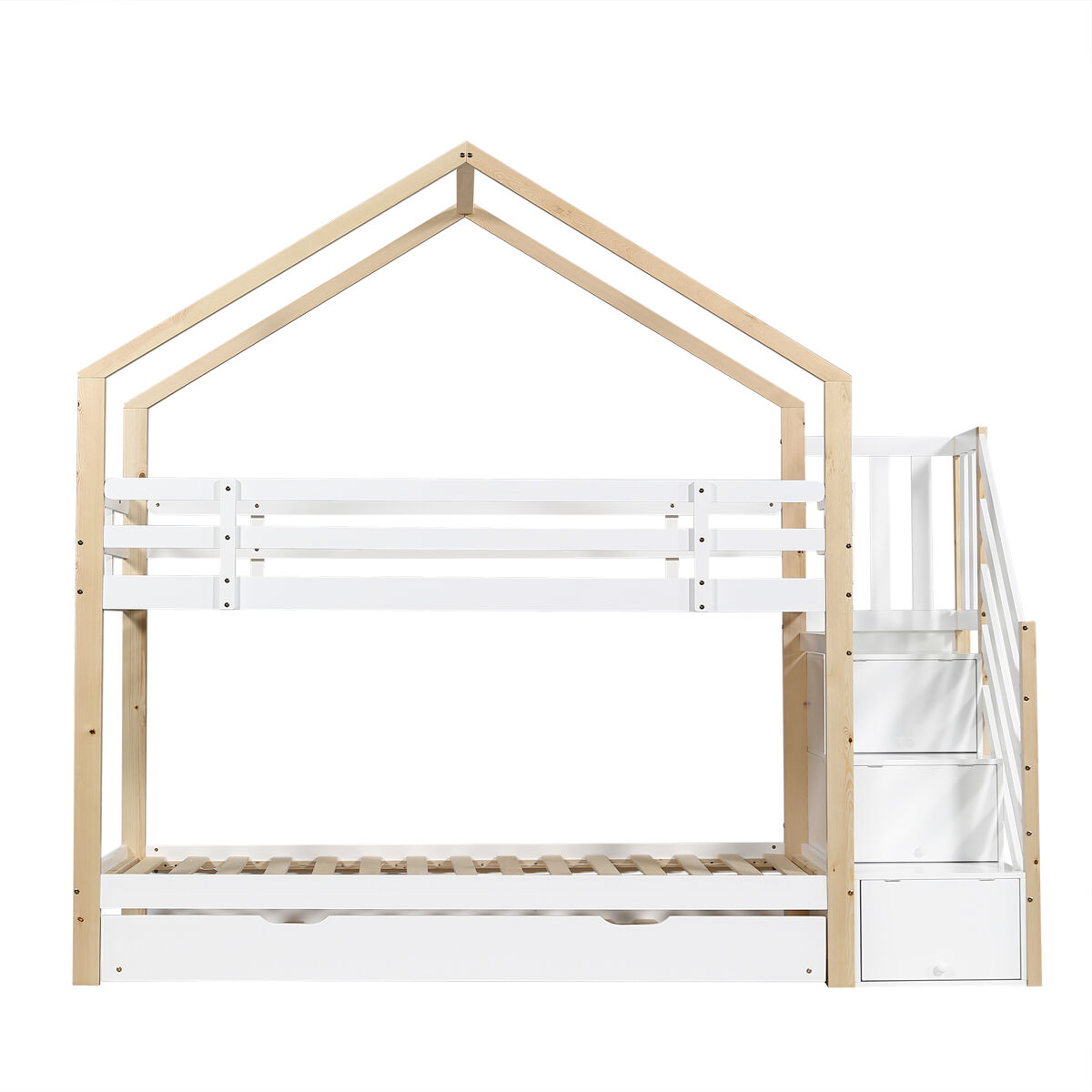 Beliche 90x200cm + cama de rodízio 90x190cm - cama de rodízio para enfants com escada para arrumação - madeira maciça - blanc