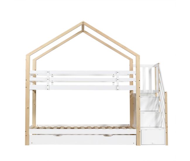 Beliche 90x200cm + cama de rodízio 90x190cm - cama de rodízio para enfants com escada para arrumação - madeira maciça - blanc