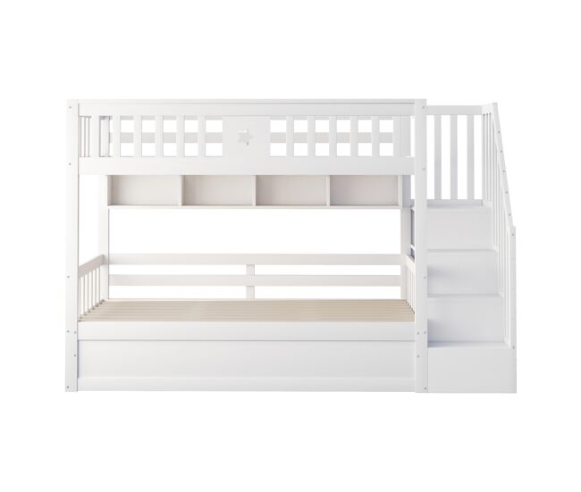 Cama alta 90x200 cm - cama juvenil, escadas com arrumação, prateleiras, cama loft, hidráulica - branco