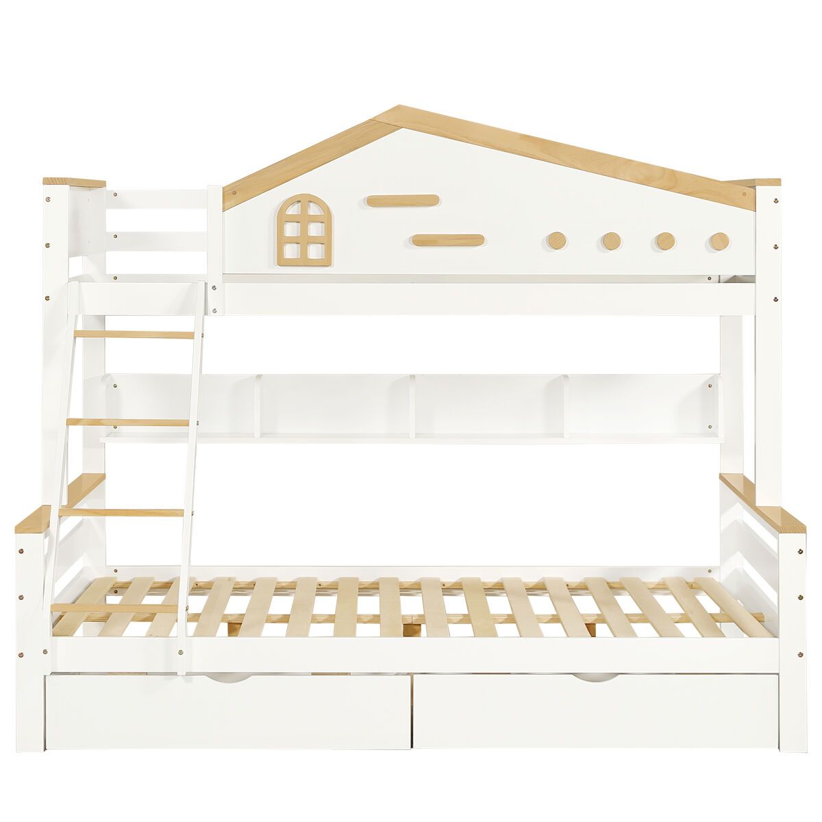 Beliche de madeira 90x200cm + 140x200cm - com escada e 2 gavetas - natural e branco