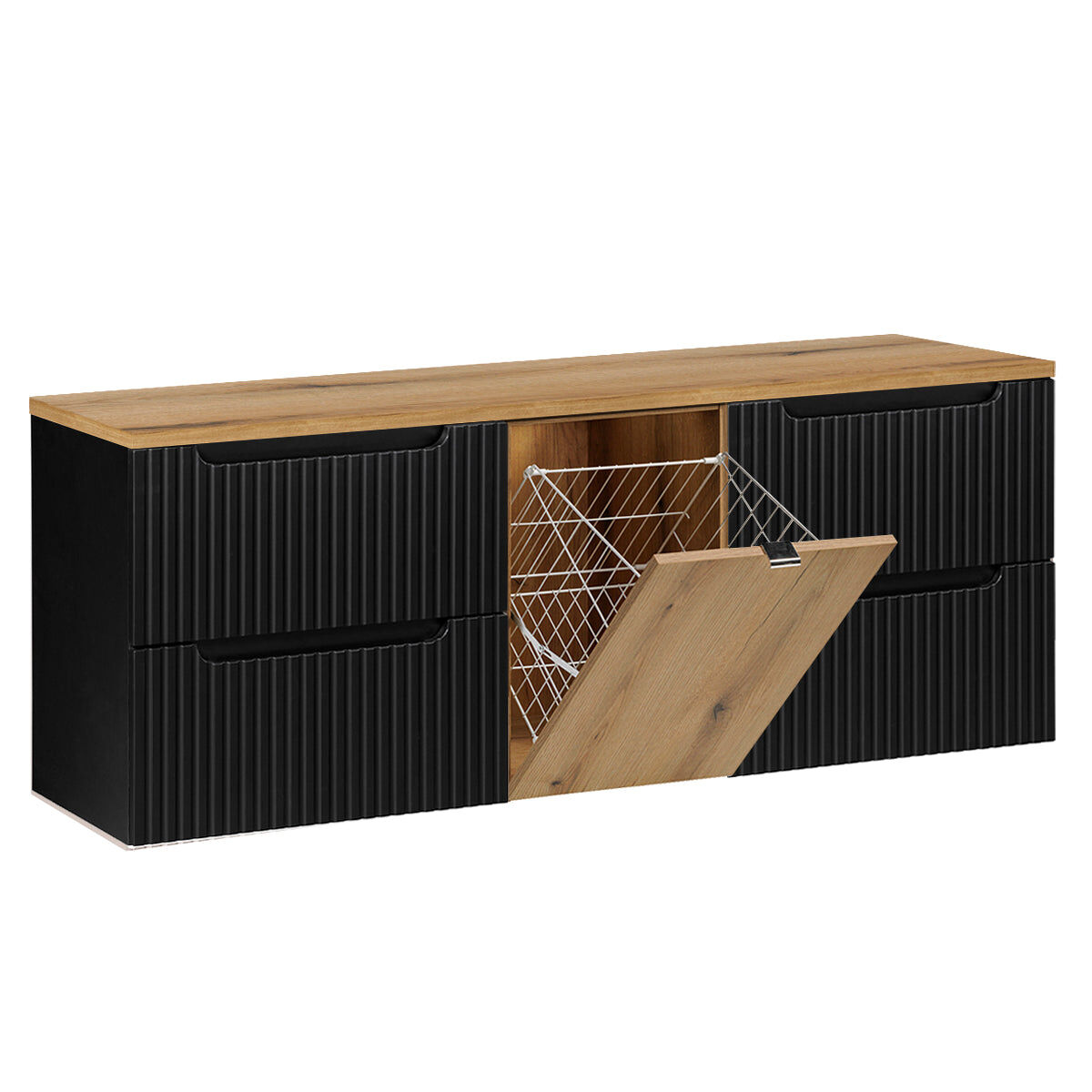 Móvel lavatório riva noir e madeira 160cm com cesto para roupa suja