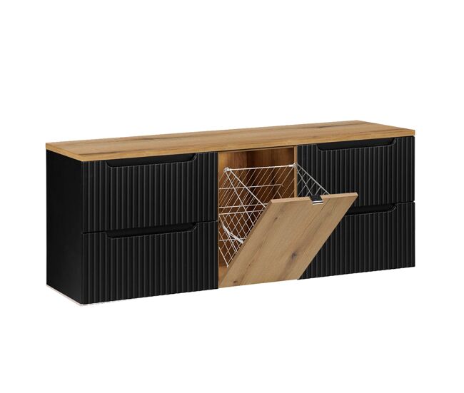 Móvel lavatório riva noir e madeira 160cm com cesto para roupa suja