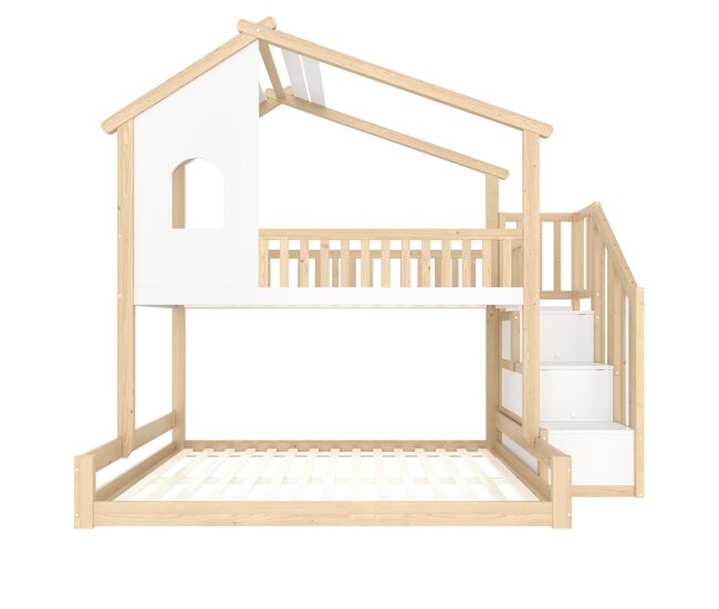 Litera 90x200cm+140x200cm - com barreira de cama, escada com arrumação, janela e design de casinha - natural e branco
