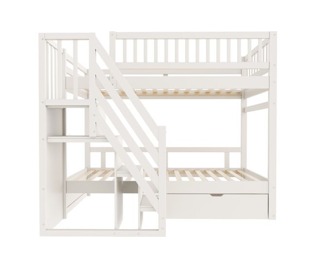 Cama beliche 90*200 cm - com barreira de segurança alta, com estrado, escada de segurança com arrumação, com gavetas de arrumação - branco