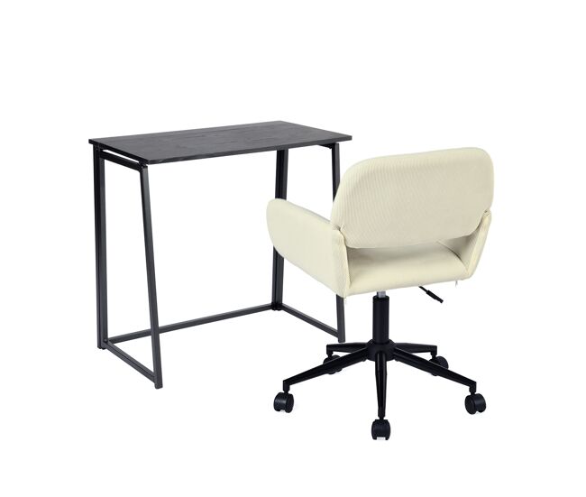 Conjunto de secretária dobrável preta e cadeira de escritório bege em veludo com altura ajustável e rotação 360 graus, design moderno e compacto para
