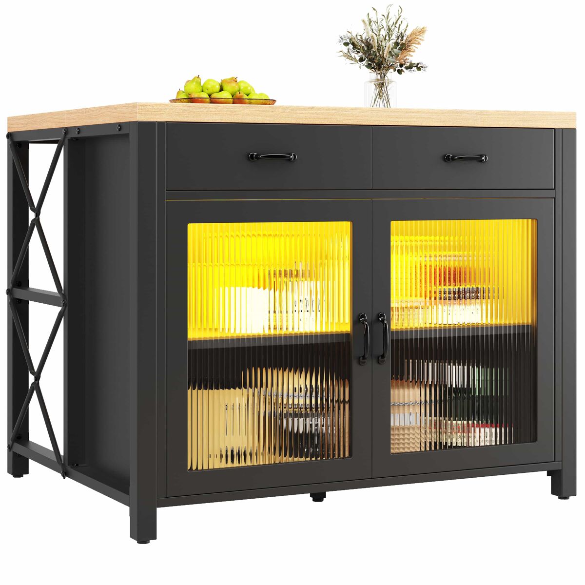 Conjunto de mesa alta de bar com bancos para 4 pessoas - ilha de cozinha com faixa de led, bancada para cozinha, sala de estar e sala de jantar - preto