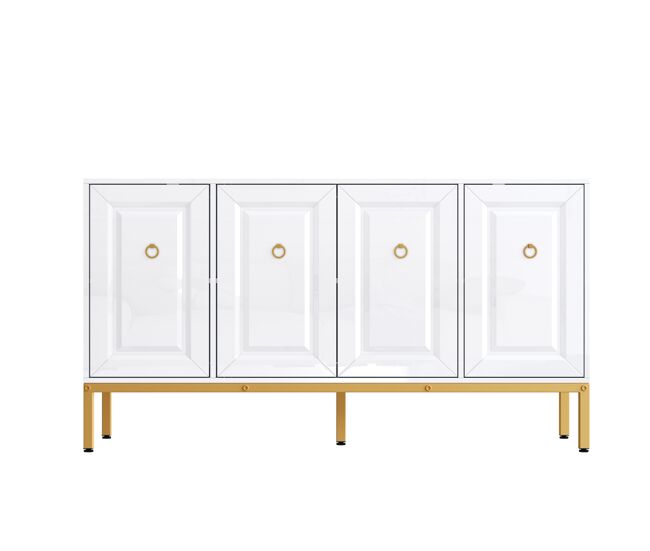 Aparador 140x80x40 cm - elemento de arrumação de alto brilho, com étagères, puxadores e pés dourados - blanc